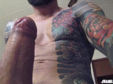 Hot tatted bearded lean muscle hunk Juan Lucho jerks big uncut cock 0027 8 gif